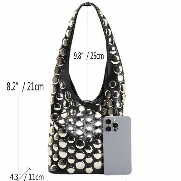 Women's Metal Stud contemporary black Bucket Bag - Picture 6 of 9